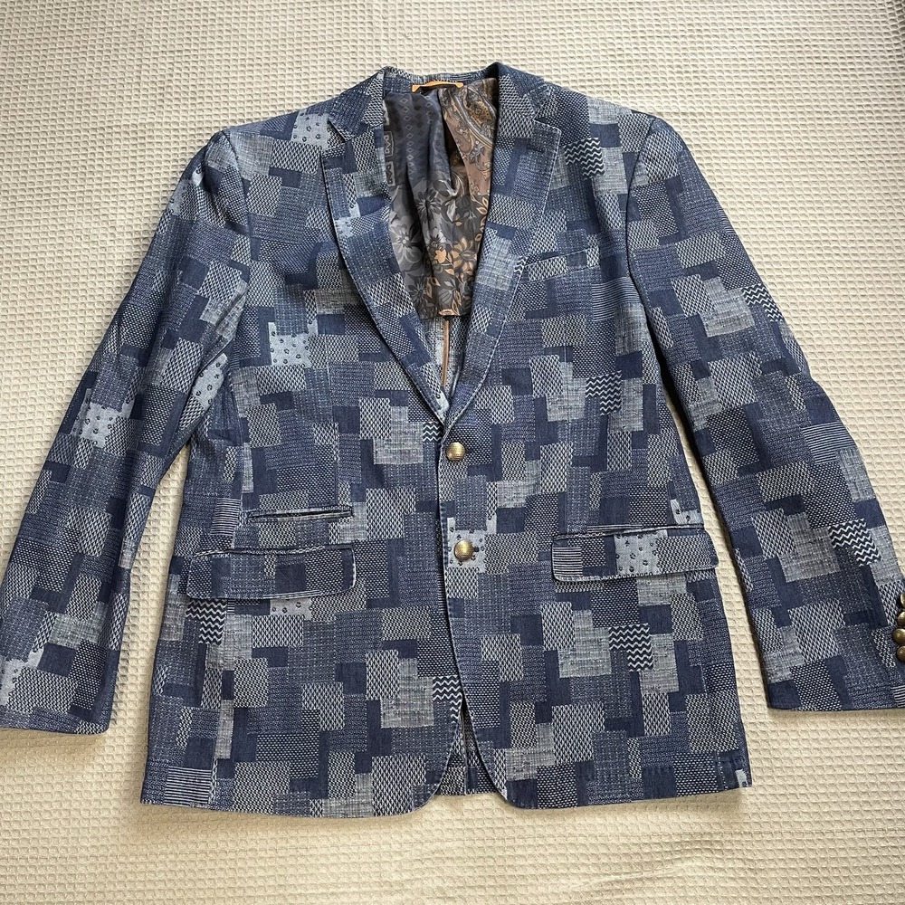 Tallia Patchwork Blazer Jacket Sport Coat 42 Reg Mens Blue Denim Look
